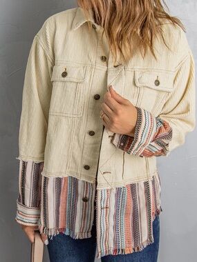 Beige Striped Color Block Corduroy Jacket Size M